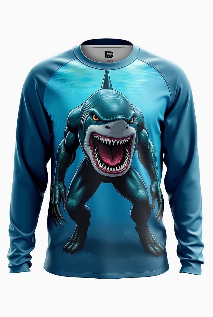 Long sleeve UV ray shirt with the image of the DC character King Shark on the torso of the shirt

