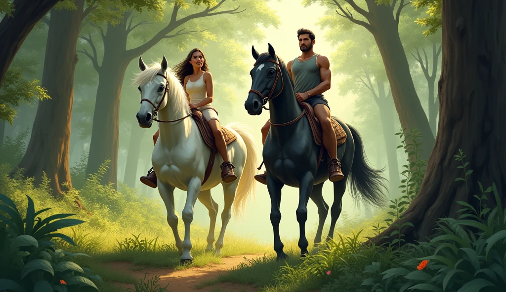 riding horses through a beautiful forest,girl on a white horse, man on a black horse