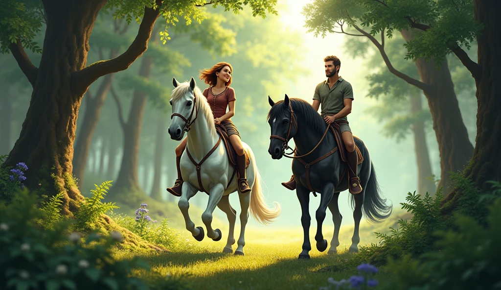 riding horses through a beautiful forest,girl on a white horse, man on a black horse