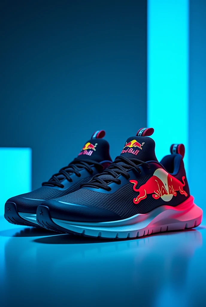 portrait artistic photo of red bull brand sport shoes , only blue fluorescent , black and white colors