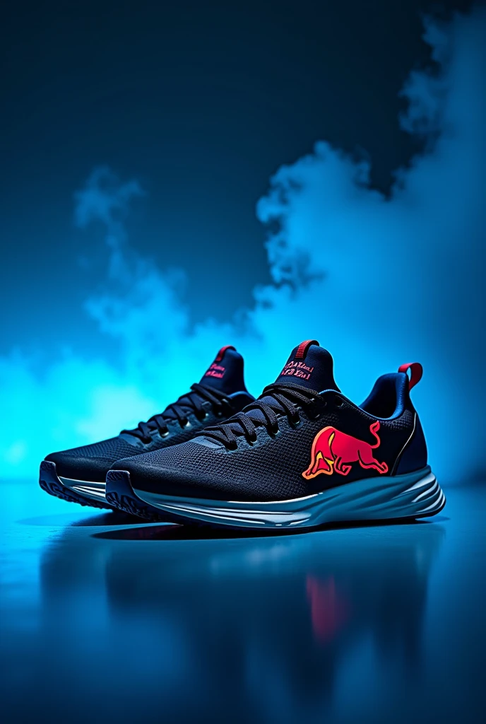 portrait artistic photo of red bull  brand sport shoes , only blue fluorescent , black and white colors