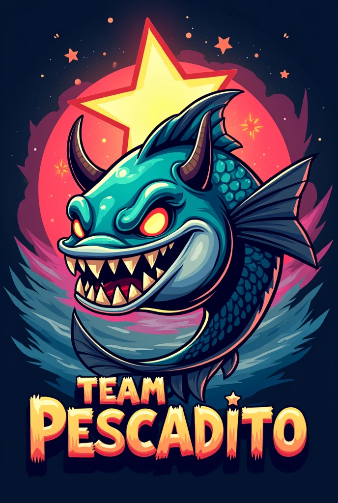 Create an image that says team pescadito with a devilish fish and a star behind it