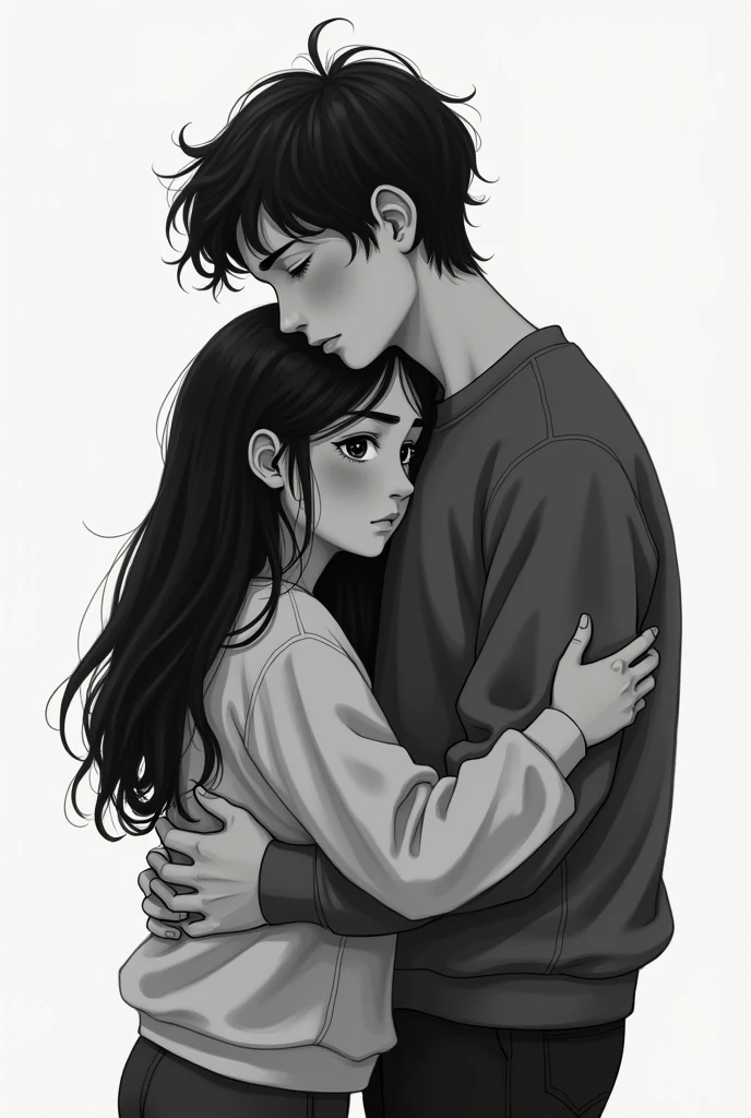 Back of tall, thin boy, with semi-long wavy hair in black and white with Argentine features, with sad sweatshirt kissing a short girl with glasses long black hair and bangs, round face and dimples on the cheek with Bolivian features with a sweatshirt