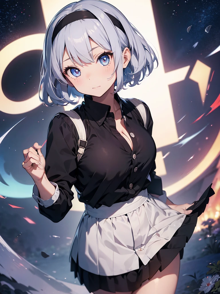 独奏, Female, sleeved, Japanese, アニメ, cake, silver hair, (short cut), high school girl, ((tareme)), big eyes, black iris, light blue eye, tall, [[curvy]], japanese idol, large breasts, cleavage, ((masterpiece)), ((high resolution)), ((best quality)), (ultra-detailed), ((extremely detailed)), hairband、uniform
