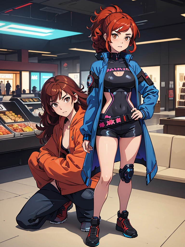 (masterpiece), (best quality), 1 girl, red hair,((brown eyes)),curly hair, anime style, freckles, (mall breast, (petite figure), blue and black cyberpunk jacket, legs, desert background