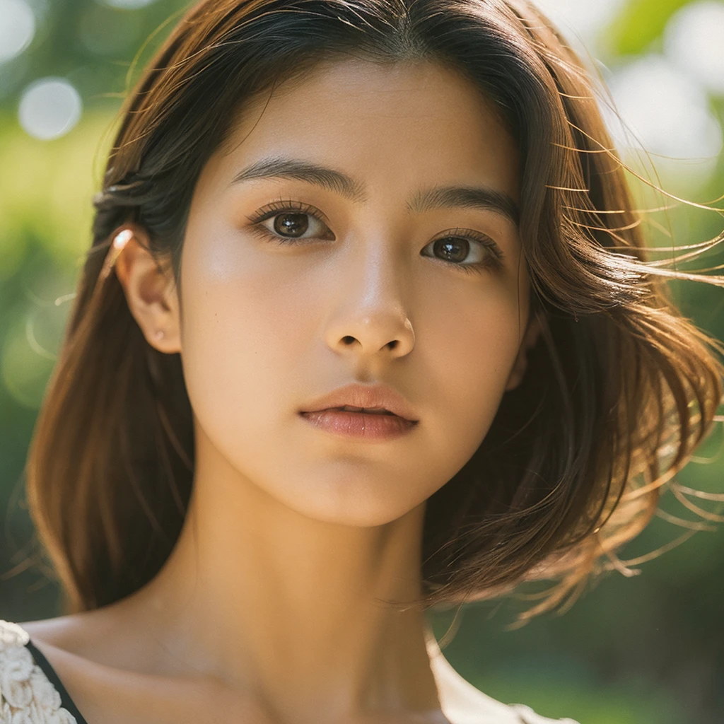 A hyper-realistic image of a single Japanese woman in her early 20s, captured with the nostalgic warmth and subtle graininess of a film camera. Her skin has a warm beige tone with a natural, slightly rough texture that includes visible pores, fine lines, and subtle imperfections such as small blemishes, adding to the authenticity of her appearance. The soft, diffused natural light enhances the film-like quality, casting gentle shadows that create a timeless, organic feel. Her straight, glossy black hair frames her face in a natural, slightly tousled manner, and her deep brown eyes reflect the ambient light, adding depth and emotion. The film camera effect introduces a slight grain and a softer focus, giving the image a warm, nostalgic atmosphere while maintaining the realistic texture of her skin. She is dressed simply, in a way that complements her natural beauty, with the overall composition designed to evoke a sense of genuine, understated elegance. The use of natural light, combined with the deliberately rougher texture of her skin and the film-like qualities, ensures that this image captures the imperfections that make her beauty truly lifelike, focusing solely on this one individual.夏