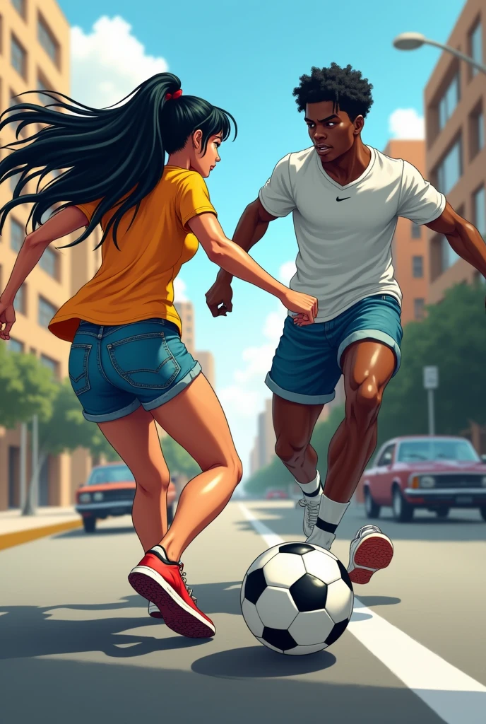 anime a woman with tanned skin with long black hair in a white t-shirt and blue jean shorts and a dark-skinned man in a green t-shirt and blue jean shorts playing in a street soccer game