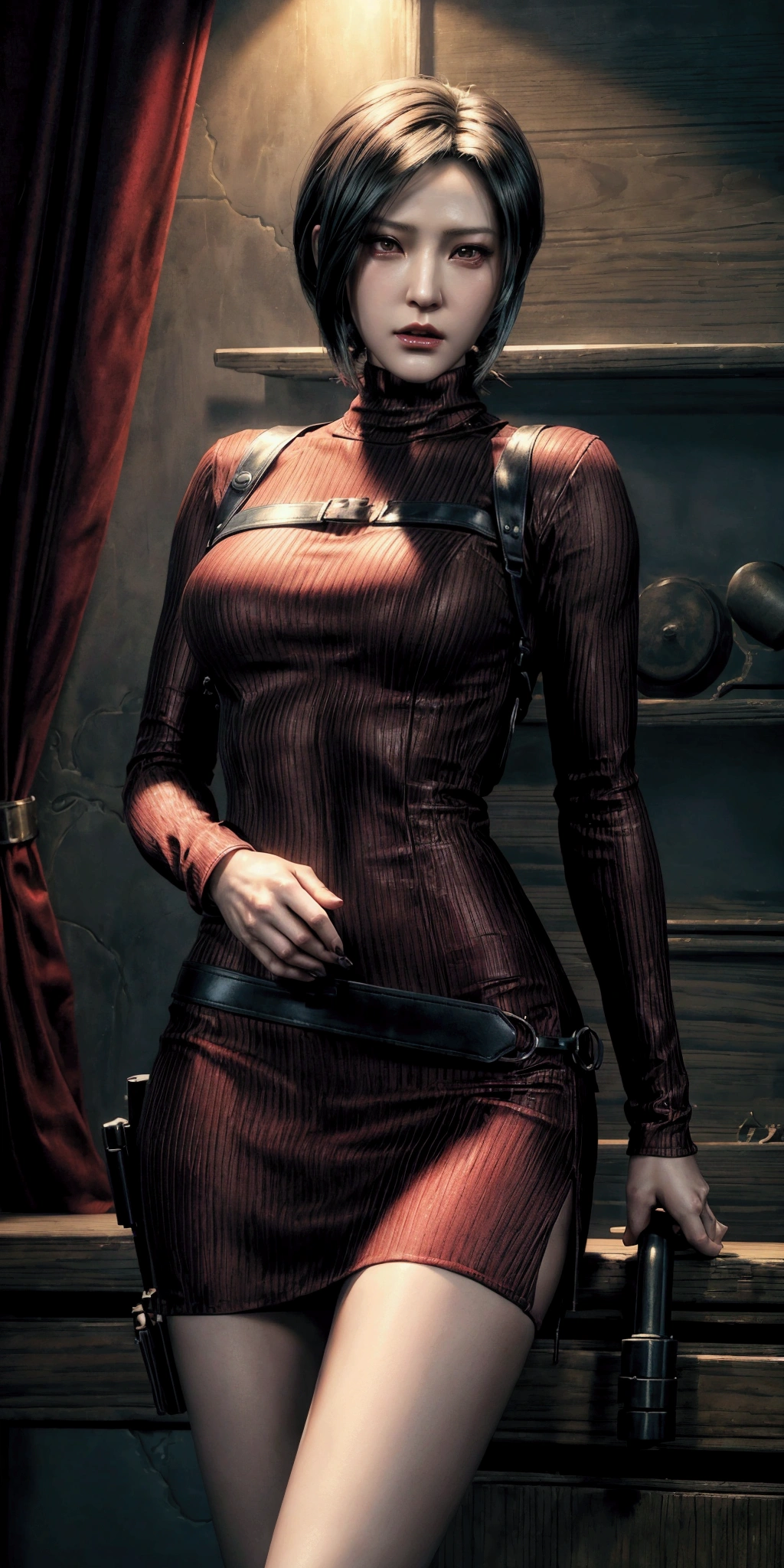 Ada wong, resident evil art, realistic skin, detailed pretty face, beautiful face, thin narrow waist, medium round breatst, red tight dress, military straps and belts, ribbed sweater, realistic, sexy pose, open beauty legs, perfect hips, ultra realistic