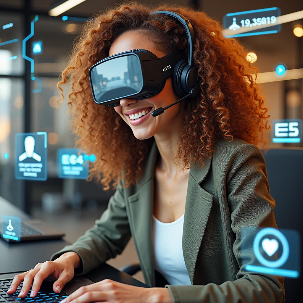 Create an image of a young woman resembling Andy Allo, working as a customer service representative in a futuristic setting. She has medium-length, curly hair with a golden brown hue and a warm skin tone. She is wearing a casual yet professional outfit, like a fitted jacket over a simple blouse. The setting around her is a high-tech office space with holographic screens and digital interfaces floating around her. She is seated at a sleek desk with a headset on, and her expression is focused yet approachable, capturing the charm and elegance similar to Andy Allo. The background features large windows showing a cityscape with tall buildings and a bright, clear sky.