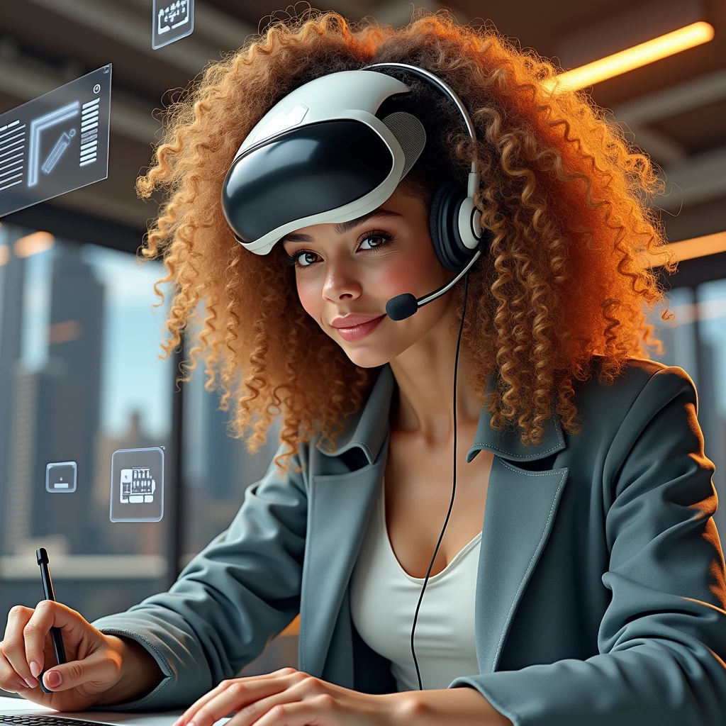 Create an image of a young woman resembling Andy Allo, working as a customer service representative in a futuristic setting. She has medium-length, curly hair with a golden brown hue and a warm skin tone. She is wearing a casual yet professional outfit, like a fitted jacket over a simple blouse. The setting around her is a high-tech office space with holographic screens and digital interfaces floating around her. She is seated at a sleek desk with a headset on, and her expression is focused yet approachable, capturing the charm and elegance similar to Andy Allo. The background features large windows showing a cityscape with tall buildings and a bright, clear sky.