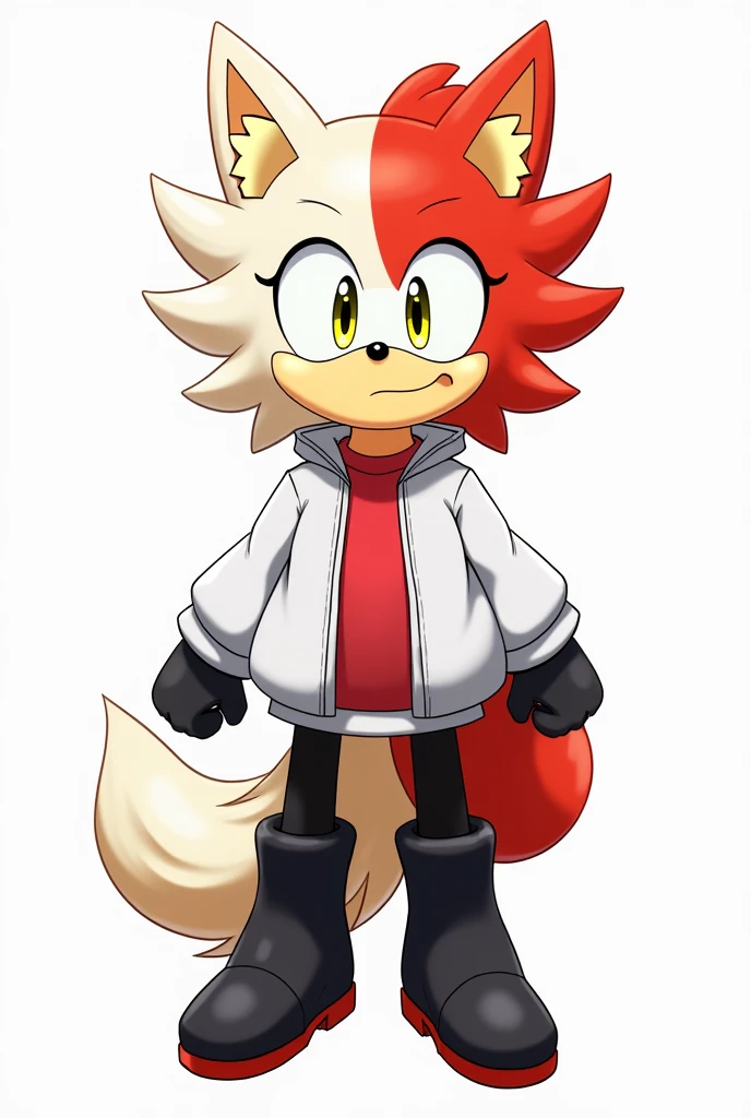 Create a Kitsune with half white and half red hair, with a ponytail, with fringe on the left side, yellow eyes, eyes large, humanoid, with ears and nine tails,in the form of a Sonic-style character, Caucasian skin, o nome dele é Kito Kaiiatsubaky, Men's White Windbreaker Jacket with Red Shirt, black pants and men's black boots, with black gloves, Personalidade: always cheerful and lively and willing to protect his friends and companions.