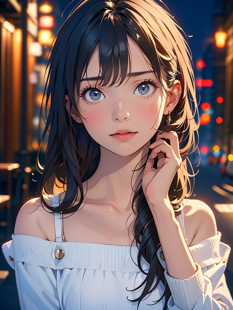 (highest quality, Tabletop:1.2, 超A high resolution, Realistic:1.5), RAW Photos, One Girl, White off-the-shoulder dress, In the Dark, Deep Shadow, Low Light, Cool Tones, Captivating Gaze, Long Hair, Foggy atmosphere, Mysterious atmosphere, Subtle highlights, Dramatic contrast, Graceful pose, Intense emotions, Heavenly beauty, enchanting darkness, Captivating Expressions