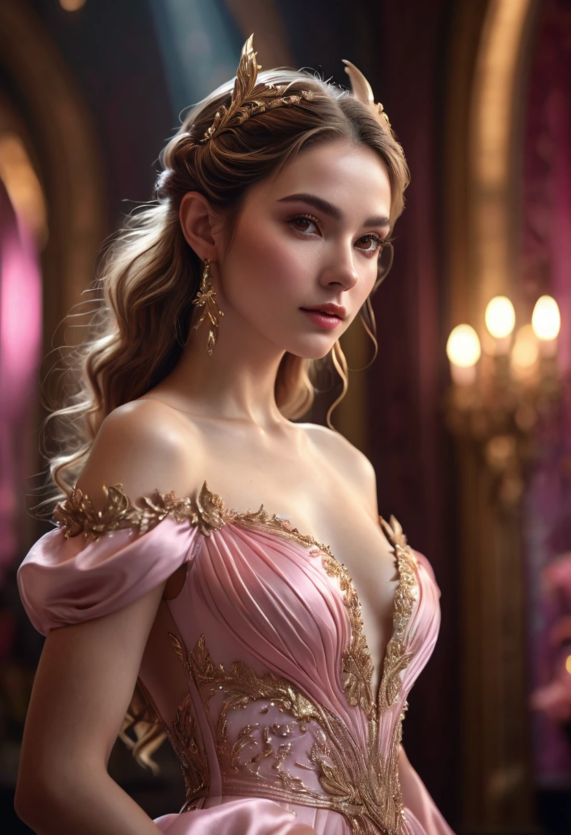 1 woman, inside a ballroom, wearing an elegant pink evening gown, detailed facial features, feminine brown eyes, detailed white skin, golden brown hair, full body shot, dramatic lighting, cinematic composition, cool palette, dark colors, elf ears, atmospheric haze, strong body, thin chin, adult woman, (best quality, 4K, 8K, high resolution, art: 1.2), ultra detailed, (realistic, photorealistic, photorealistic: 1.37), ideal proportions and defined skin, meticulously rendered features, unapproachable beauty, perfection, artistry, vivid realism, hyper-detailed sculpting, realistic shapes, truly awe-inspiring, impeccable craftsmanship, pure brilliance, ethereal beauty, delicate contours, striking poses, sublime beauty, subtle nuances, dynamic compositions, vibrant colors, perfect lighting, moving expressions, heavenly aura, majestic presence, dreamlike atmosphere, unmatched detailed octane rendering trend on artstation, artistic photography 8k, concept photorealistic art, soft natural light, cinematic, volumetric, chiaroscuro, award-winning photography, fine art, oil on canvas, beautiful, detailed, intricate, insane