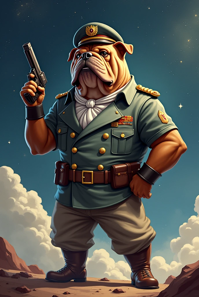 Make a brown bulldog with a captain's outfit and a beret of a colonel in space holding a laser gun
