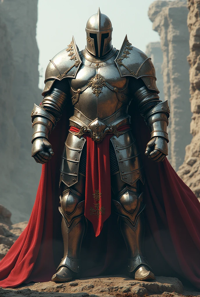 Create a super muscular knight wearing steel armor showing off his six pack