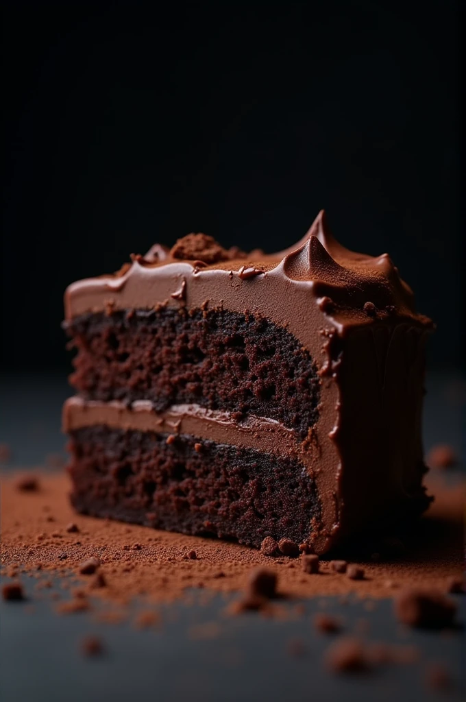 cinematic film still chocolate, chocolate cake, dark background, quality photo, moist texture, frosting, studio photo, slice . shallow depth of field, vignette, highly detailed, high budget, bokeh, cinemascope, moody, epic, gorgeous, film grain, grainy