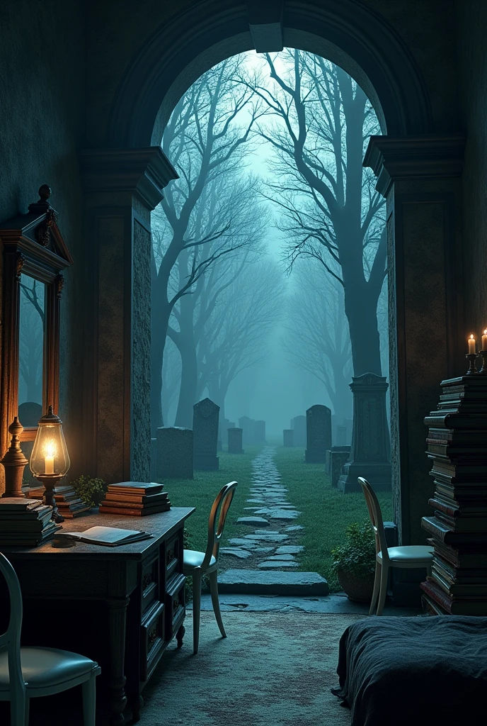A cemetery is at night that is inside a room that has furniture like mirrors, a table that has many books, white chairs and a bed