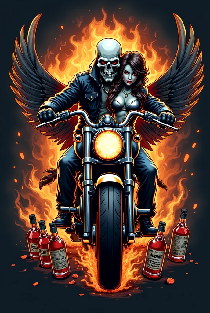 Logo with smoke a skull while riding a motorcycle with a y woman next to it, there are bottles of drinks and it says IRON HORSE on the engine, it has wings and fire with old school details