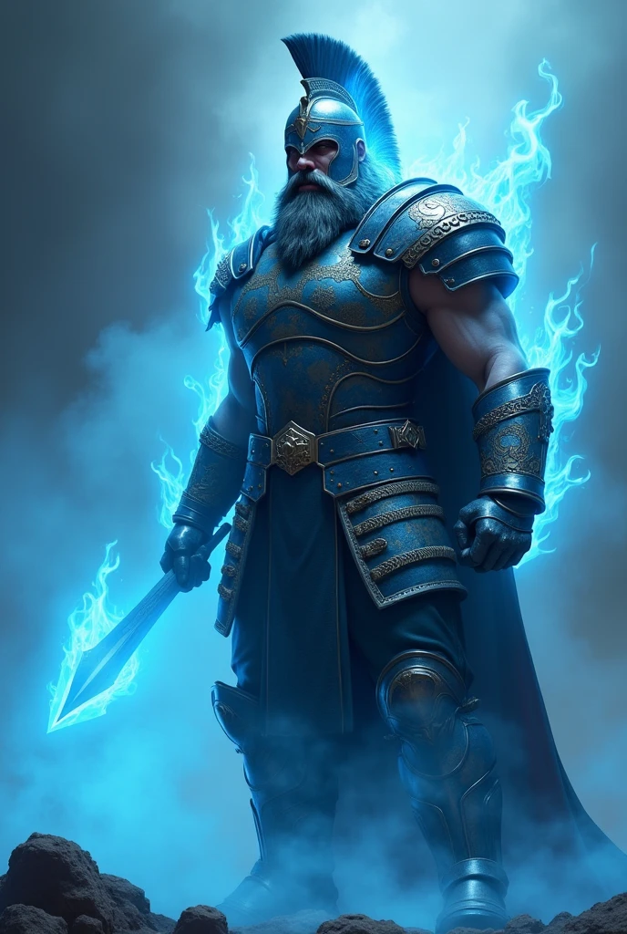 A Spartan Knight, phantom, blue flare, transparentes, without a helmet, barba, 
