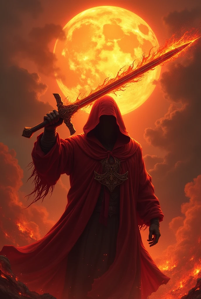Mysterious man, fire hoodie, fire sword in hand, hell background, sun in the background, hyper realism, logo