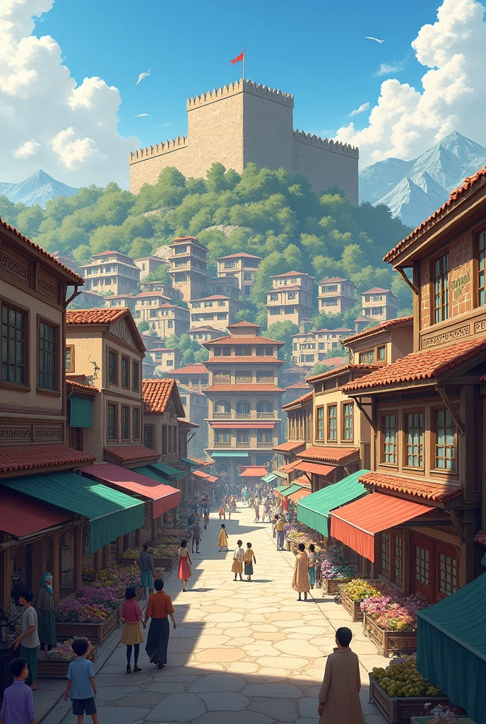 where you can see the houses and markets and in the background of the image the wall