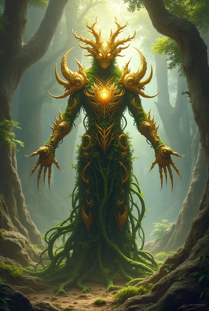 A golden humanoid plant with bone armor and control of the four elements and roots for feet.