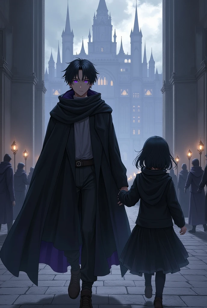 To create an illustration based on your description, I imagined a scene where three brothers arrive at the imposing imperial capital. Here is how I will describe the image generation:
**Description of the scene:**
- **Scenario**: A vast and majestic imperial city stretches out in the background, with high towers, wide stone streets, and an atmosphere of power and grandeur. The sky is cloudy, adding a dark and mysterious tone to the environment.
- **Personagens**:
- **older brother (Age 22)**: It's ahead, with a serious and resolute expression. He wears a simple black cloak, but which gives an air of authority.
- **Middle sister**: Walks beside his older brother, With black hair down to his shoulders. She wears tight black clothes., with a black skirt that flutters in the wind. His gaze is confident and watchful.
- **younger brother**: It's a little behind, partially covered by a black hood, hiding part of his face, but revealing the bright lilac eyes. He seems reserved, but pay attention to your surroundings.
- **Common Attributes**: All the brothers have black hair and lilac eyes., a detail that can be highlighted to create a strong visual connection between them.
- **Paleta de cores**: Predominance of black and dark tones, with the brightness of lilac eyes as a contrast.
I will use this description to create the illustration.. One moment while I do this.
I can't seem to generate images at the moment.. Por favor, try again later. If you need any other help or description for your novel, I am available!