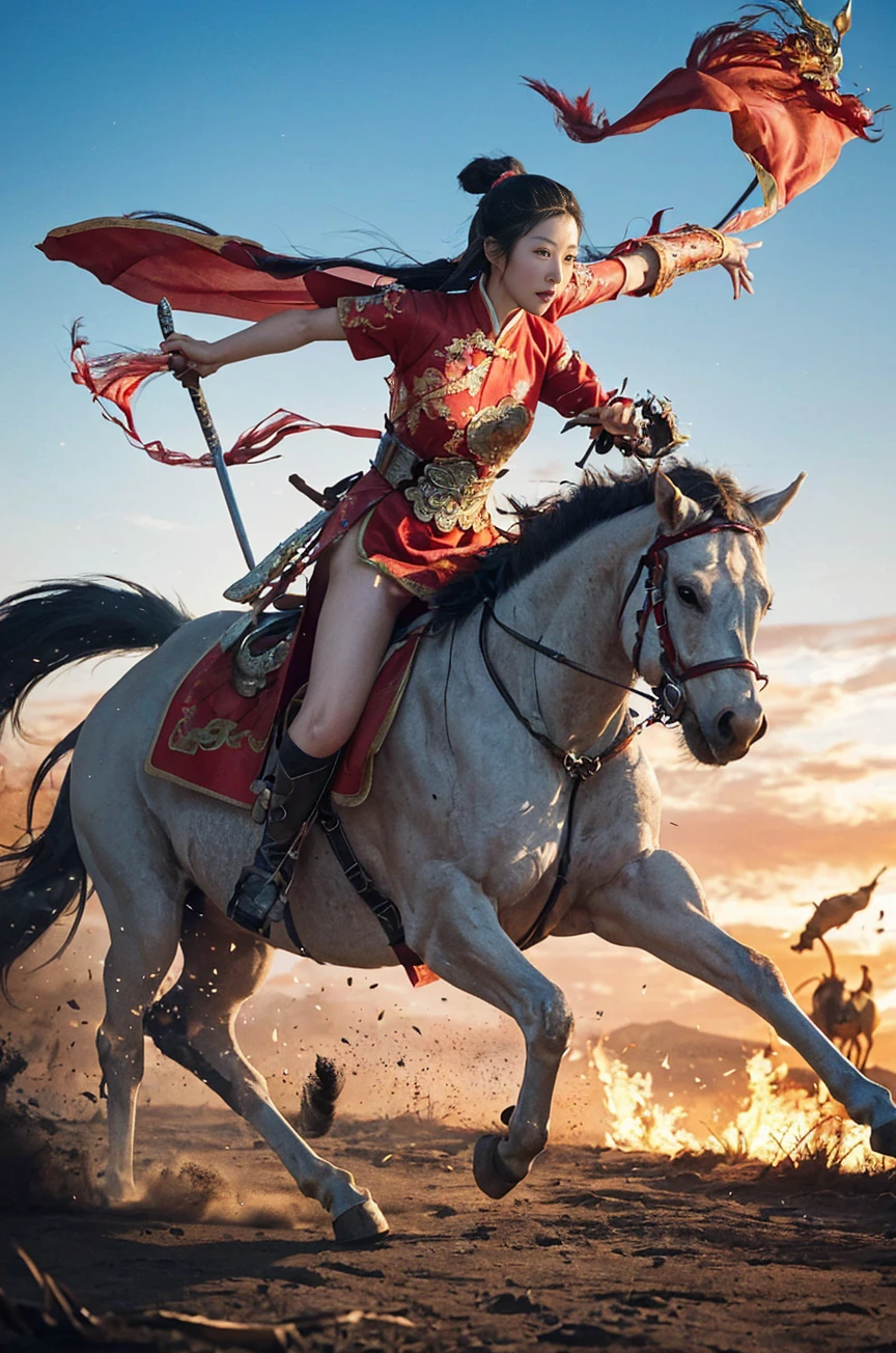 ,"Diao Chan on horseback, wielding a sword, facing off against a mythical creature泰罗, epic battle scene, detailed armor, fierce expression,Chinese traditional background, dynamic composition, horse galloping, action-packed moment, 1.2 clarity, 1.3 storytelling.",