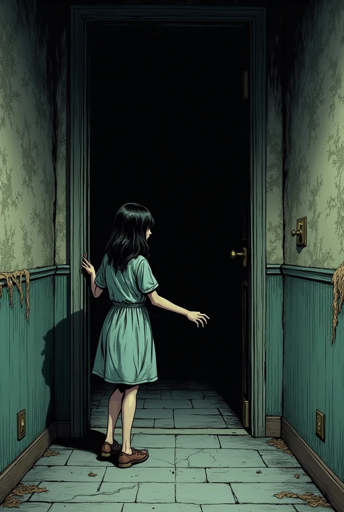 You can create a horror comic type image following this text:Sarah slowly approaches a dark door, from which the noises seem to come. His hand is extended, about to grab the handle.