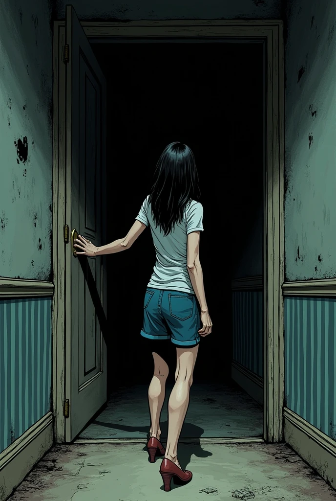 You can create a horror comic type image following this text:Sarah slowly approaches a dark door, from which the noises seem to come. His hand is extended, about to grab the handle.