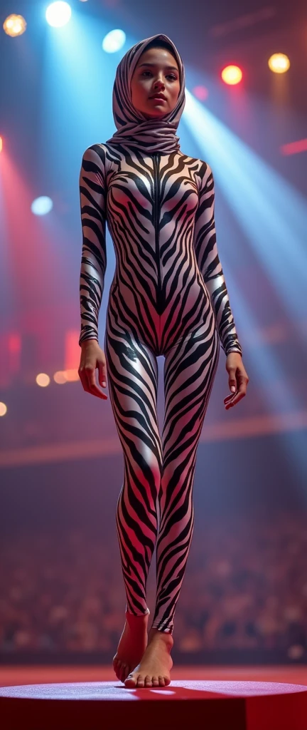 The most beautiful,thin,most cute and clever Asian muslimah girl wears zebra lycra turtleneck unitard catsuit covered with stripes.She always wear zebra print lycra dancewear stretchy hijab covered with stripes.She is saying hello on the circus pedestal!
