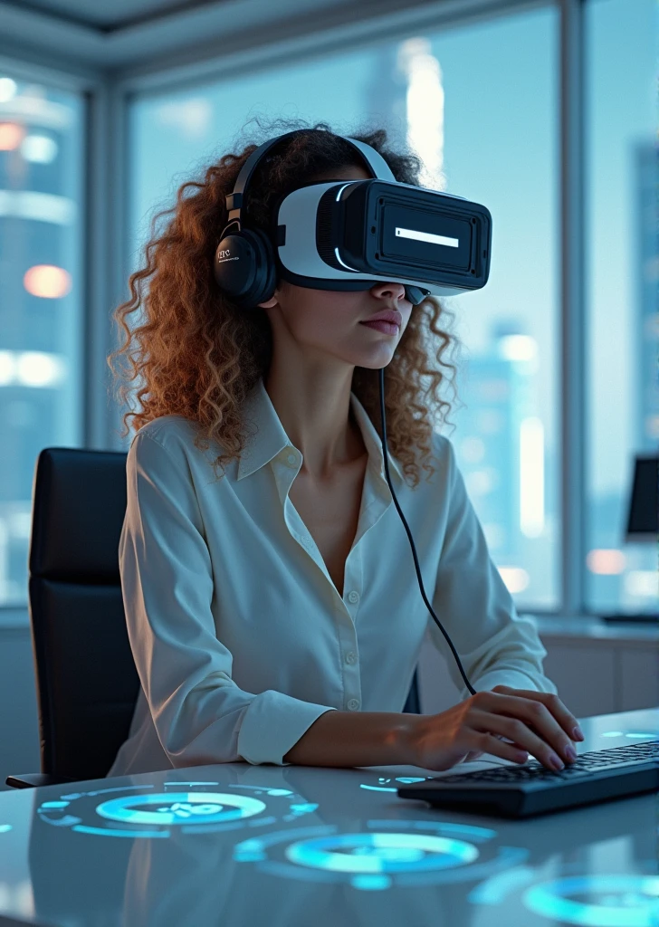 Create an image of a young woman resembling Andy Allo, wearing a VR headset while working as a customer service representative in a futuristic setting. She has medium-length, curly hair with a golden brown hue and a warm skin tone. The woman is seated at a sleek desk with holographic interfaces surrounding her, indicating she is deeply focused on her tasks. Her posture and facial expression, visible beneath the headset, show intense concentration. The background includes a high-tech office space with large windows displaying a futuristic cityscape. The atmosphere should convey a sense of immersion and focus, with the VR technology enhancing her work environment.