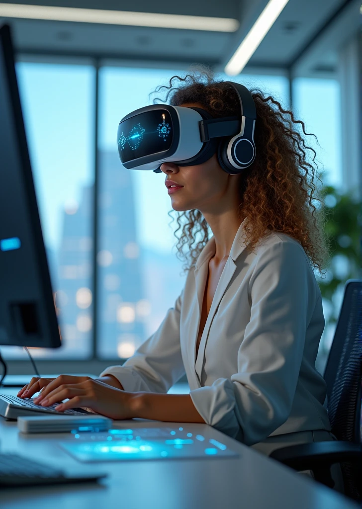 Create an image of a young woman resembling Andy Allo, wearing a VR headset while working as a customer service representative in a futuristic setting. She has medium-length, curly hair with a golden brown hue and a warm skin tone. The woman is seated at a sleek desk with holographic interfaces surrounding her, indicating she is deeply focused on her tasks. Her posture and facial expression, visible beneath the headset, show intense concentration. The background includes a high-tech office space with large windows displaying a futuristic cityscape. The atmosphere should convey a sense of immersion and focus, with the VR technology enhancing her work environment.