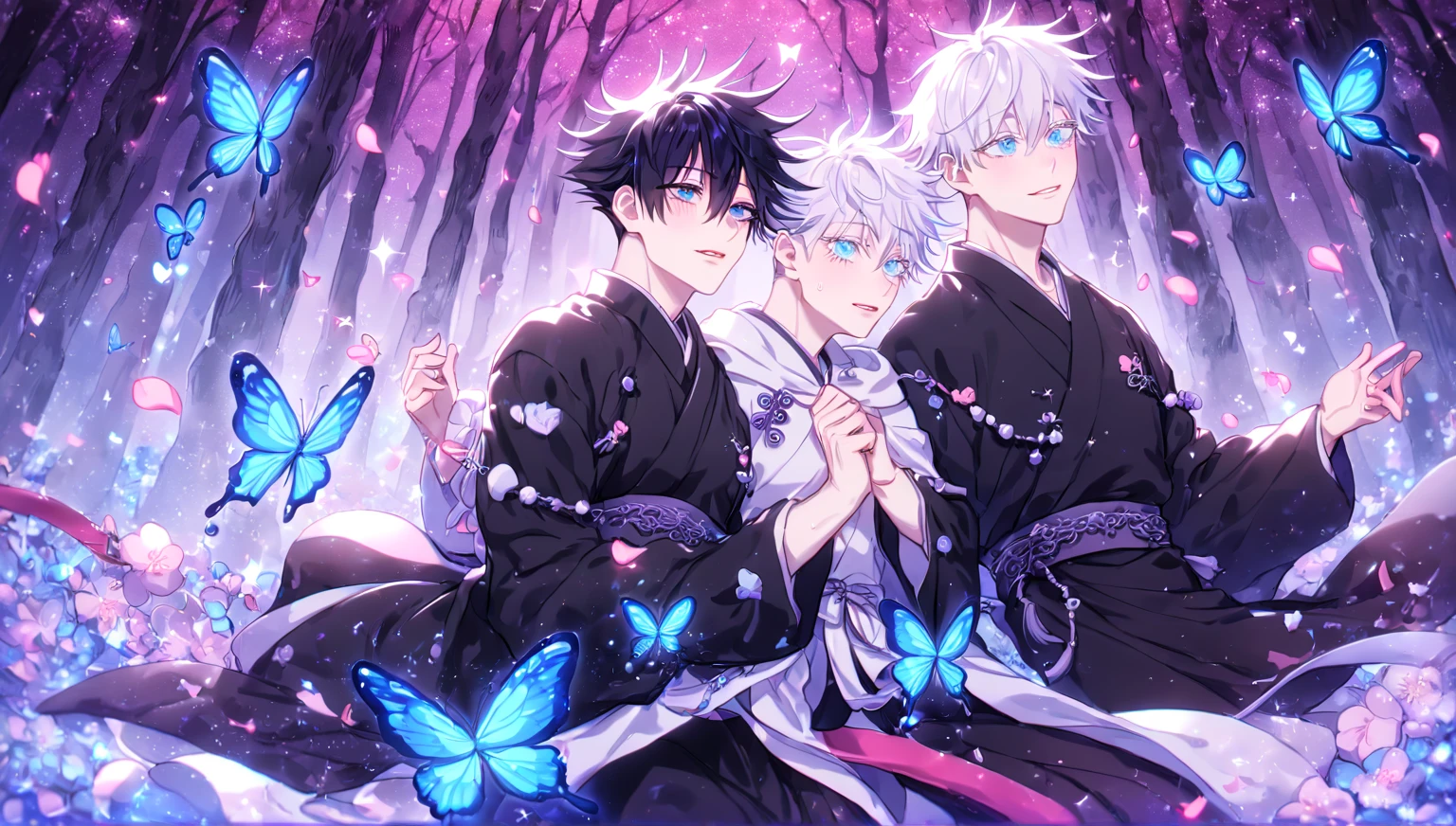Ultra detailed, Highres, absurdres, HDR, master piece, Gojou Satoru, white hair, expressive blue eyes, white eyelashes, white Chinese robes, Fushiguro Megumi, black hair, expressive blue eyes, Jujutsu Kaisen, two sexy men together, gay couple, yaoi, pink forest, pink petals, glittering, purple starry sky, black Chinese robes, magical, accessories, blue butterflies, glittering