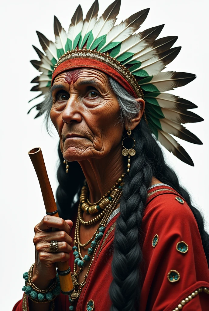 (Masterpiece artwork, high qualiy, best qualityer, offcial art, beautiful and seductive aesthetics:1.2)detailded,(résumé:1.4 , fractal art:1.3),(silver_hair:1.1), Destiny \( series\), Indian, close to old age, Black braided hair, tribal body paintings, eyes browns, Cao Cao, seed strings, wise and imposing posture, smoking a wooden pipe, green red and white feather headdress, behind her the shacks of the favelas, white background, homem, uma traça no cabelo, barba serrada