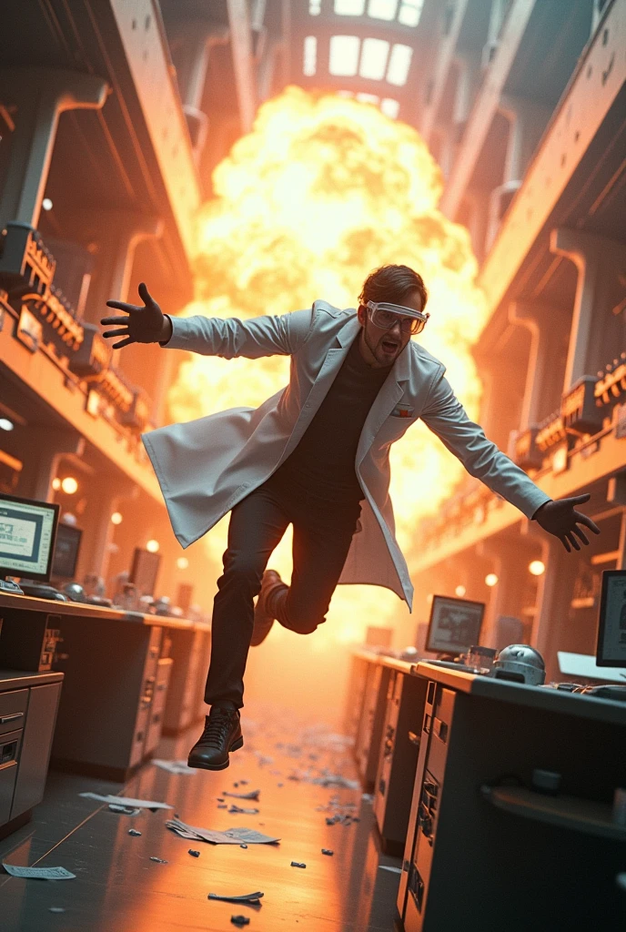 A scientist is thrown into the distance by a distant explosion in an incredible scene