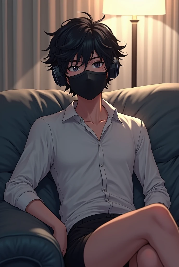 アニメ sitting on a couch with headphones from ear on, non-style artwork by guweiz, bela pose de アニメ, with headphones from ear, アニメ. soft lighting, jovem アニメ homem, estilo アニメ 3 d realista, arte cg de アニメ suave, アニメ, wearing casual clothes, Ilya Kuvshinov. 4K, estilo アニメ, アニメ fotorrealista, Wearing Headphones, wearing black boxer briefs and a long sleeve dress shirt, black curly hair, Black surgical mask