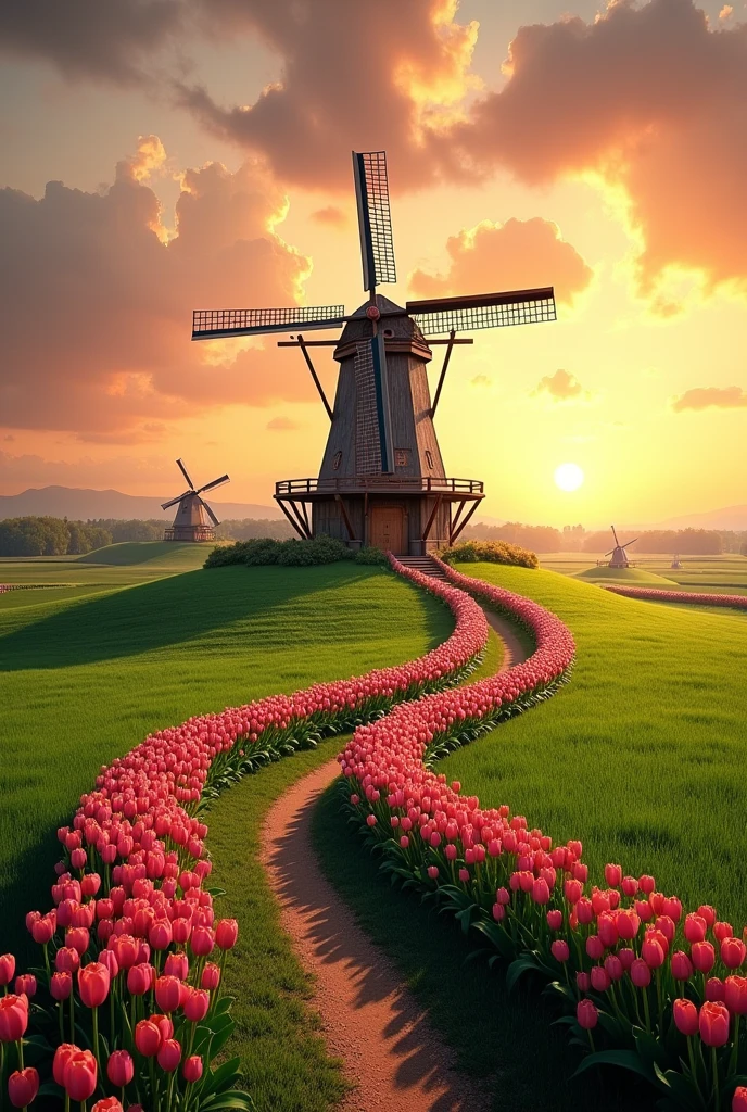 Large windmill in a green field with paths with many pink tulips on each side in a beautiful sunset 