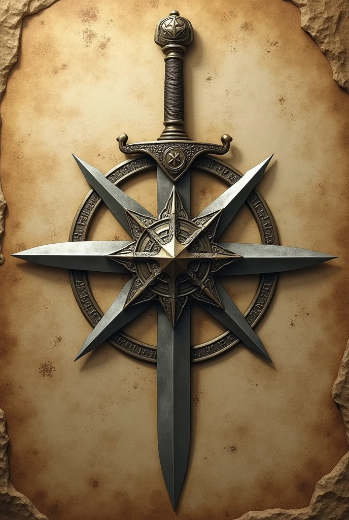 Compass rose with cardinal points made with a dagger