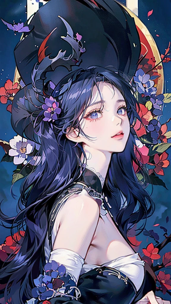  high quality, high quality, 8K Ultra HD, In this exquisite ink painting, the dynamic essence of lana rhoades unclad body ,milf-styled body, with striking beauty, The deep hues of blue, dark red, and black ink converge to form intricate patterns, capturing the essence of the fletching's elegance and strength,dark red and dark purple flowers, vines with thorn wraping around her