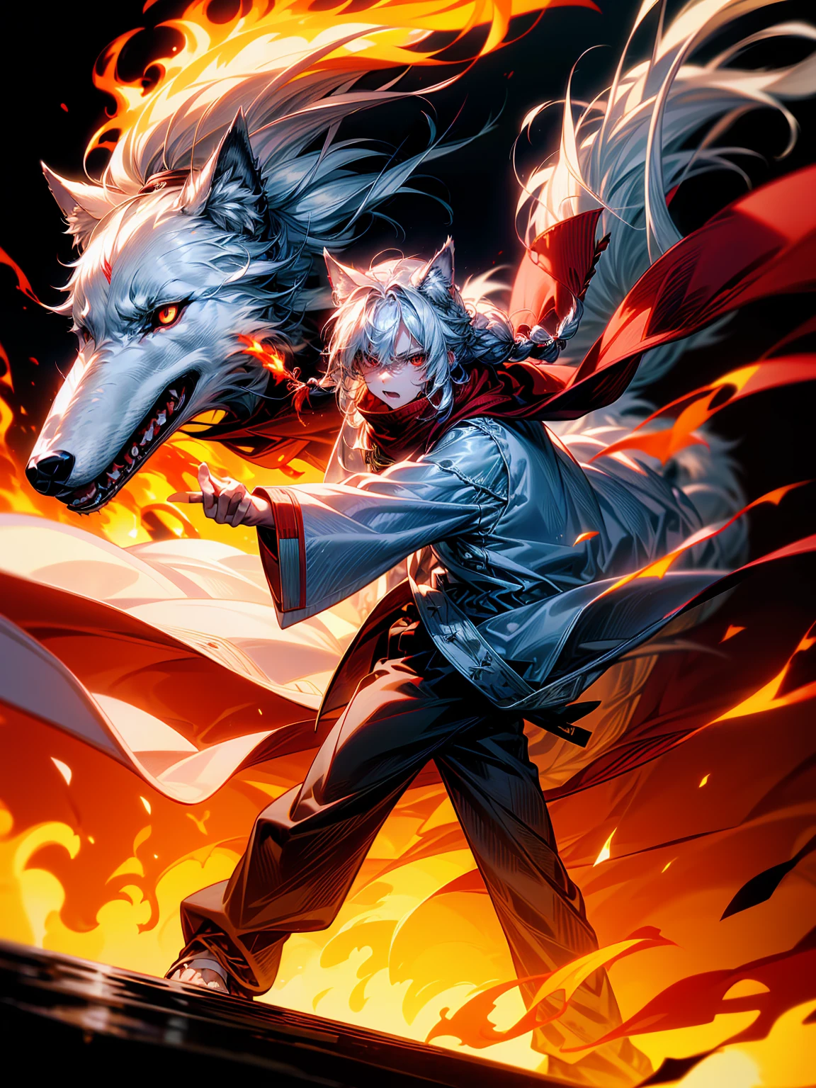 1male, Adult, Long White Hair, White Baggy Long Sleeve Shirt, Baggy Black Pants, Red Eyes, Red Scarf, Earring, Masculine, Dog Ears, Surrounded By Flames, Wolf, Single Hair Braid, Flaming Ears