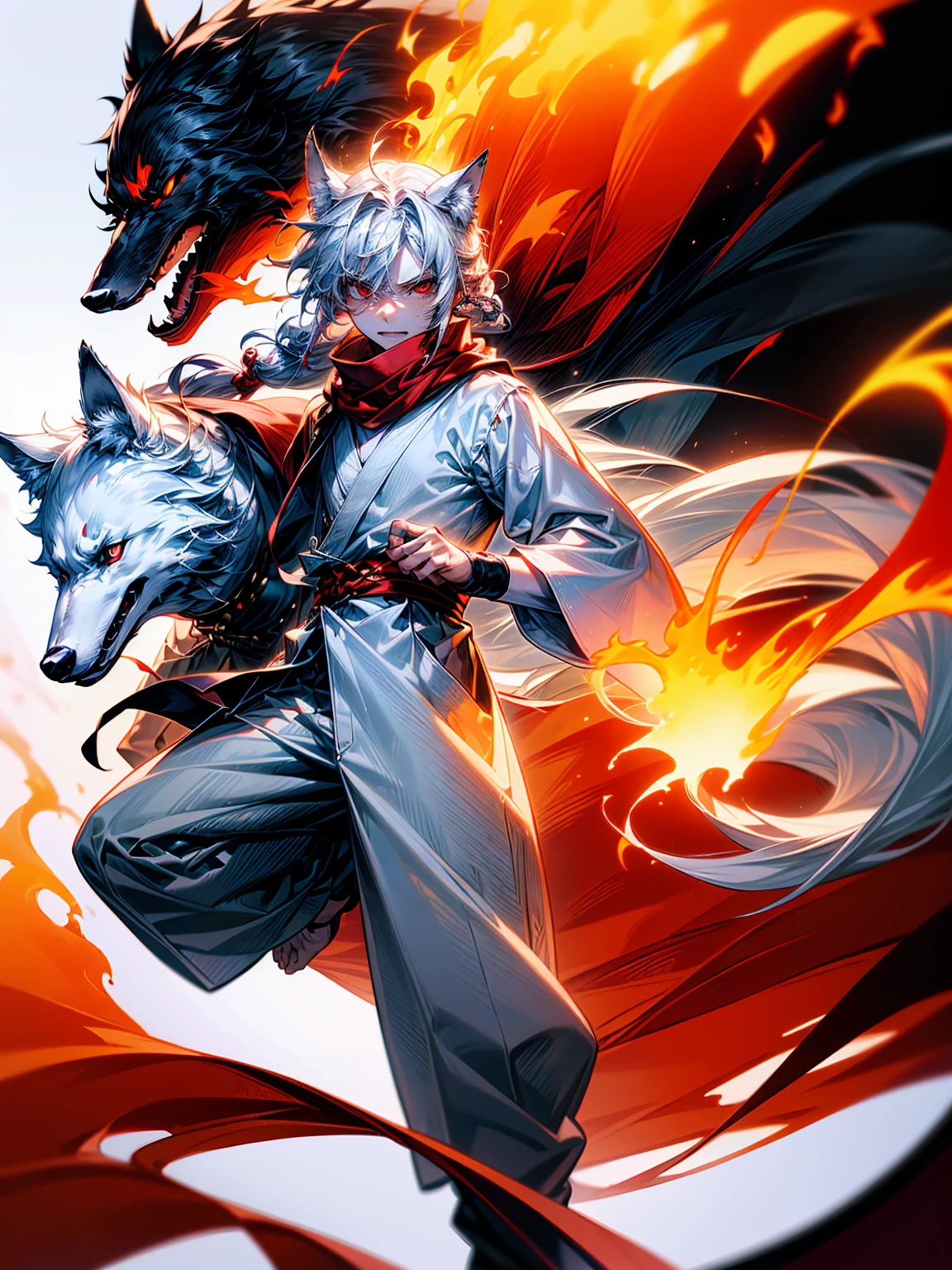 1male, Adult, Long White Hair, White Baggy Long Sleeve Shirt, Baggy Black Pants, Red Eyes, Red Scarf, Earring, Masculine, Dog Ears, Surrounded By Flames, Wolf, Single Hair Braid, Flaming Ears