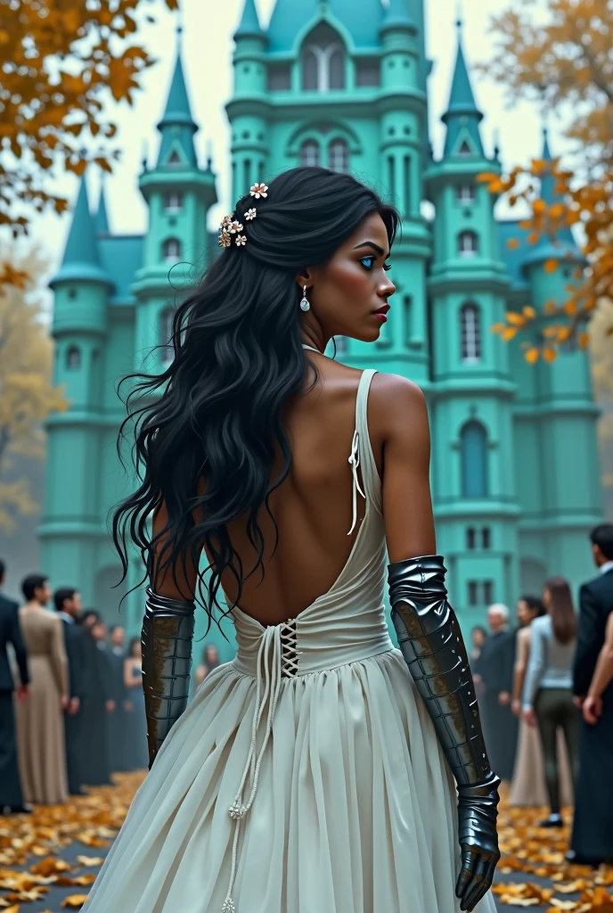 Caramel skinned princess with long black hair and blue eyes. your hands are wearing a pair of iron gloves that cover your fingers. She is wearing a white wedding dress that is ripped and shows her back with a vertical tear.. She is looking at a turquoise palace and is scared. There are many people looking at her. Golden leaves fall from the blue sky. There are black veins protruding from his bare back. Realistic illustration like fairy tales.