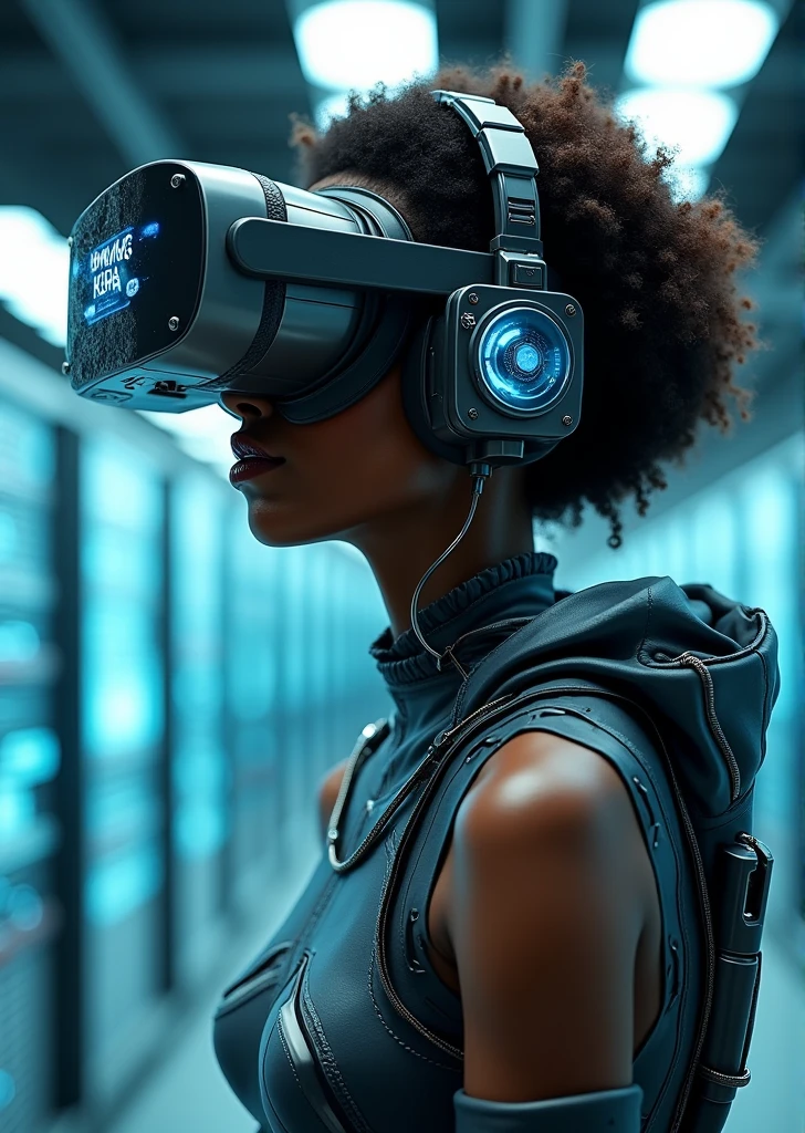 woman using a virtual reality headset while working on a laptop, a computer rendering by Luis Miranda, trending on cg society, afrofuturism, futuristic vr headset, with futuristic gear and helmet, vr helmet, female cyborg in data center, virtual reality, cyborg robot wearing vr headset, virtual reality headset, virtual reality metaverse engine, vr game, wearing a vr-headset