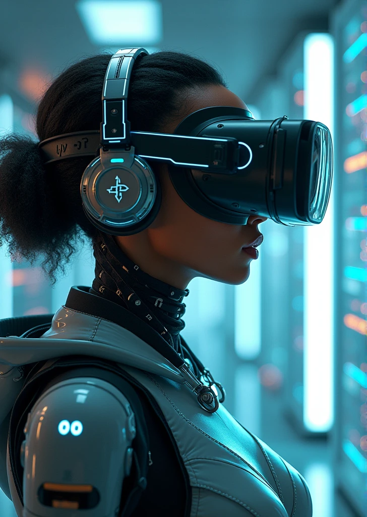 woman using a virtual reality headset while working on a laptop, a computer rendering by Luis Miranda, trending on cg society, afrofuturism, futuristic vr headset, with futuristic gear and helmet, vr helmet, female cyborg in data center, virtual reality, cyborg robot wearing vr headset, virtual reality headset, virtual reality metaverse engine, vr game, wearing a vr-headset