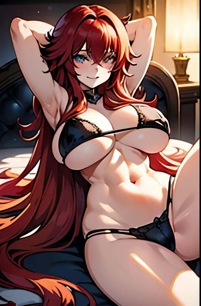 Anime, a glamour shot of a smiling Rias Gremory (extremely long wavy red hair), arms up, enormous , big ass, Sing demurely with her legs crossed on her bed, leaning toward the viewer, cowgirl, with Smokey eyes and knowing smile, sexy reveag lingerie, underboob, side boob, insaneltailed face and eyes, intricate, hyper-detailed bedroom, digital illustration, masterpiece, beautiful eyes, atmospheric lighting, centered, perfect anatomy, glowing eyes, candid portrait, clear, very detailed, smooth, sharp focus, focused on the viewer