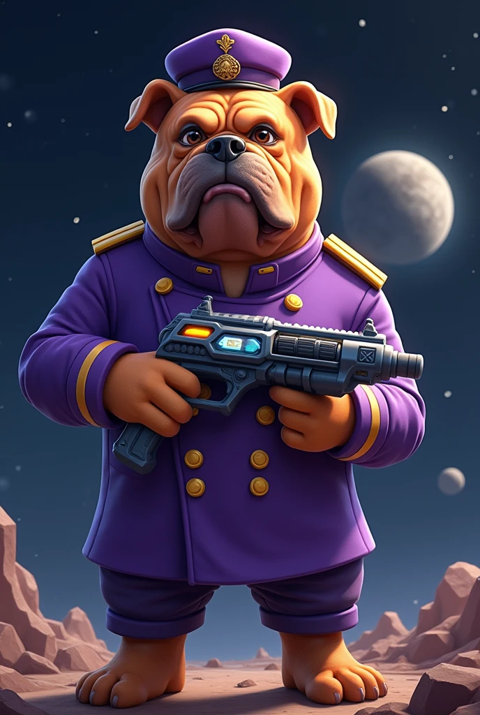 Make a brown bulldog with a purple captain&#39;s outfit and a purple beret of a colonel in space holding a laser gun 



