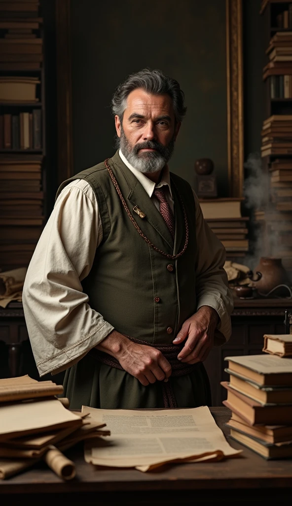 (photorealism:1.2),Galeno, a male physician, with a dedicated look, in a dimly lit study, surrounded by piles of scrolls and books, reflecting his profound impact on the history of medicine, medium shot, hyper-realistic, photo realistic, cinematography ar—9:16, intricate details, warm colors