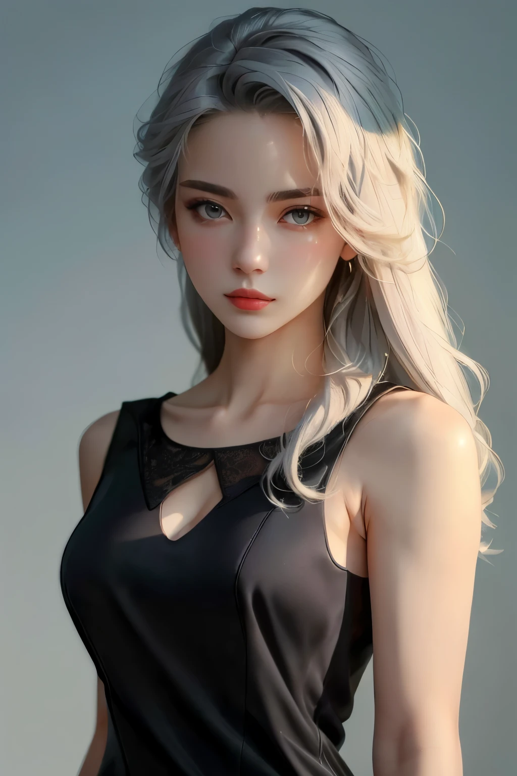 (oil, masterpiece, highest quality, Super detailed, Focus on the characters), Young woman, pale skin, ((a long gray hair)). ((a elegant black sleeveless dress)).  She has a serene expression. ((Looking straight ahead)), (front view), the background is a soft light blue gradient, giving the image an ethereal and calm feel, ((black dress)