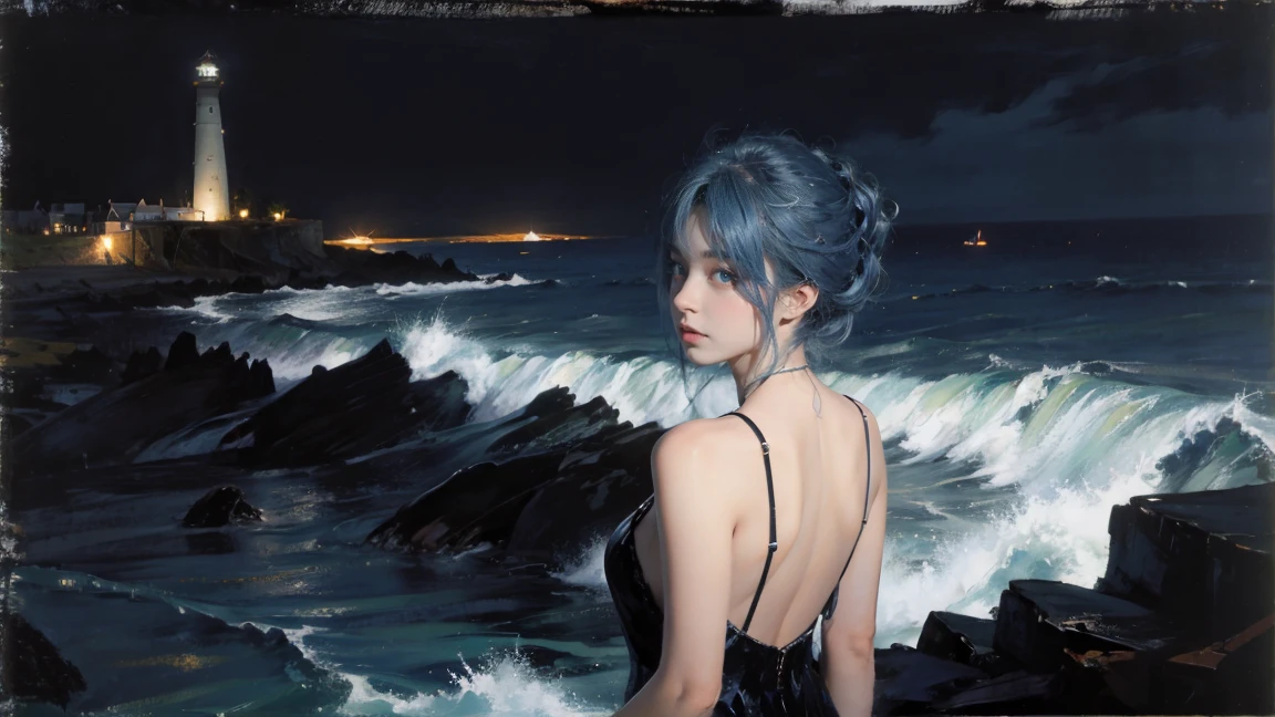 night,Oil painting style,The back of a girl,Blue Hair,ocean,dark,lighthouse